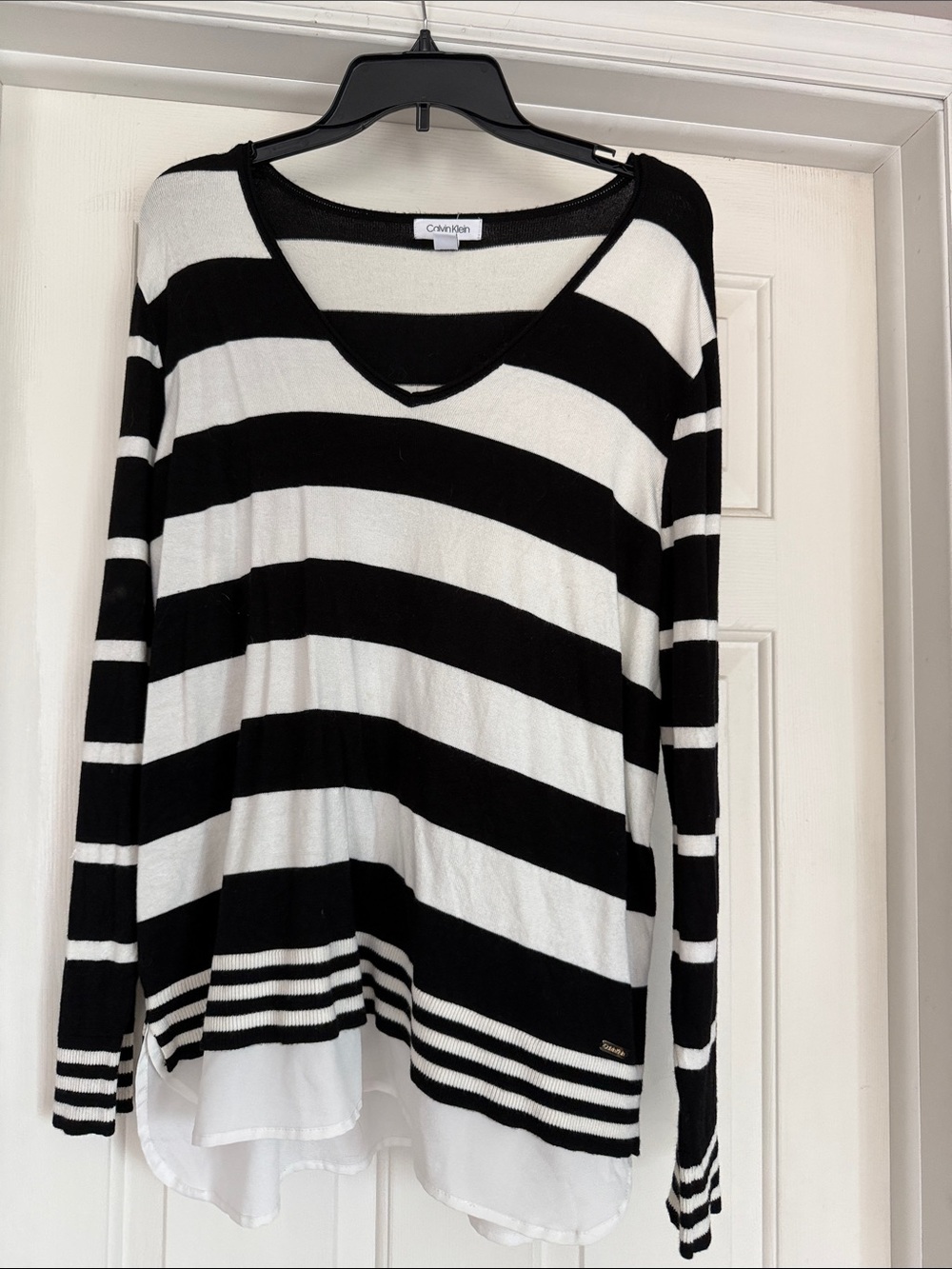 Calvin Klein Black and White Striped V‑Neck Layered-Hem Top